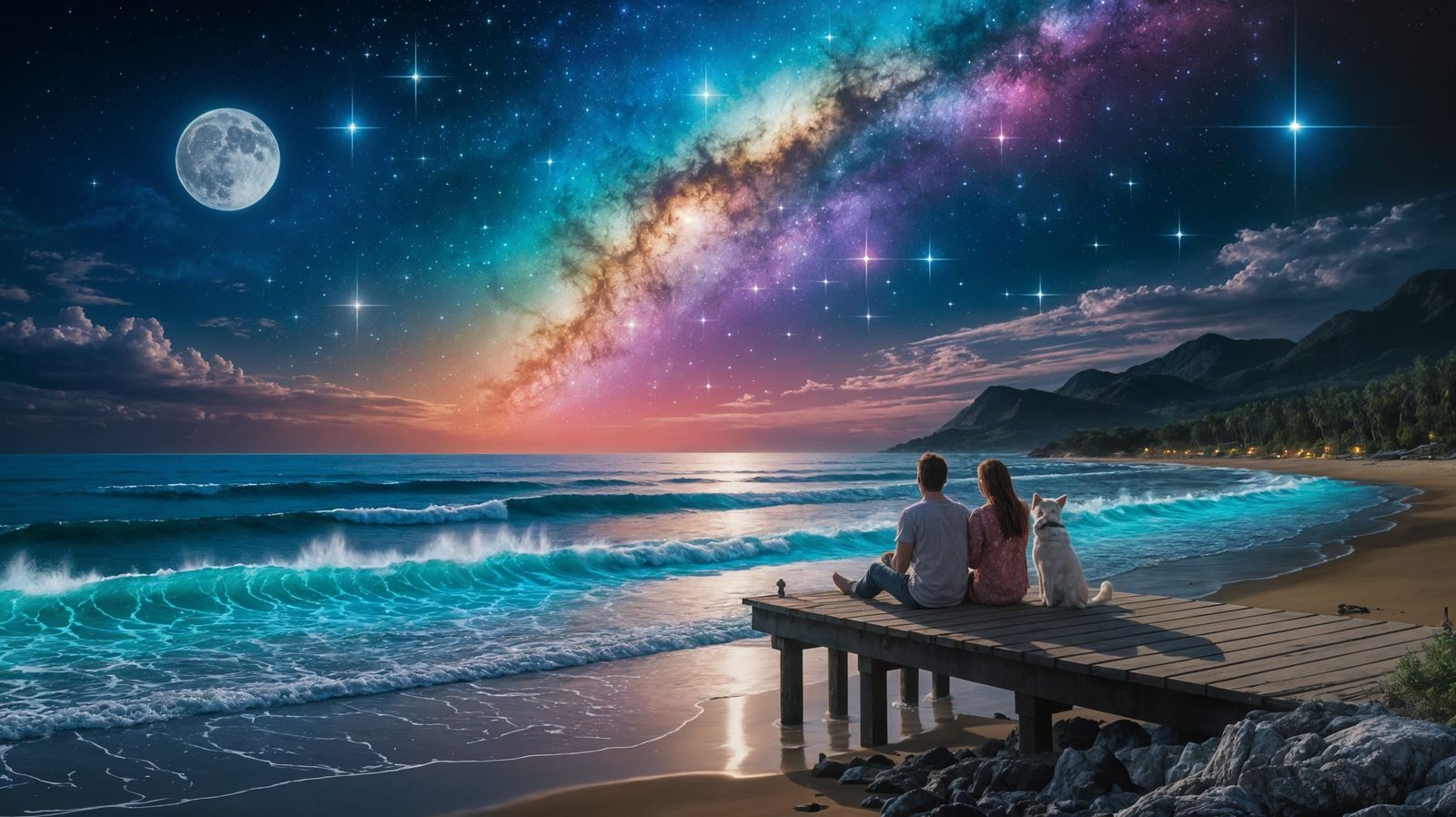 Couple and Dog Watch Bioluminescent Starry Night