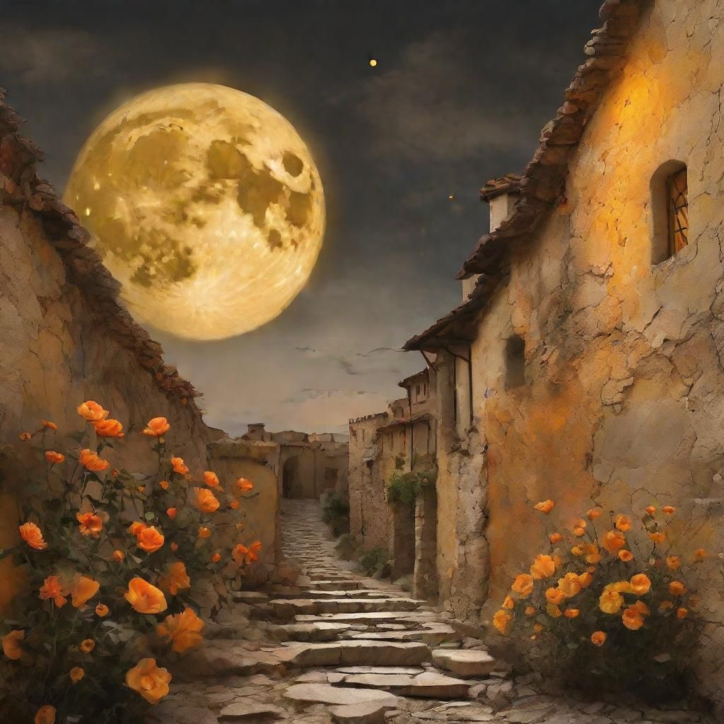 Surreal Moon Over Medieval Village, Matte Painting