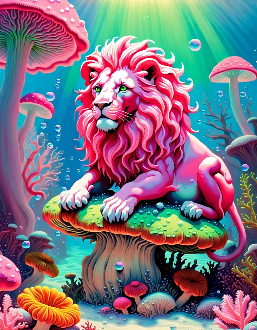 Neon Lion on Coral Reef in Ethereal Fantasy Style
