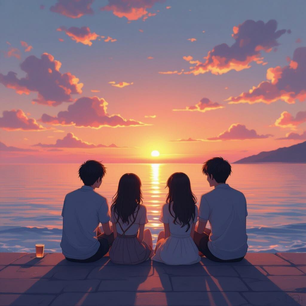 Romantic Seaside Sunset in Anime Art Style