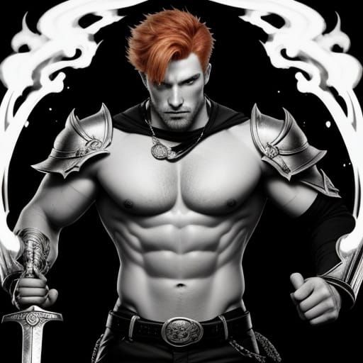 B&W, selective color with ginger hair. Gorgeous half-dressed hot ginger male Alpha, brandishing an elemental sword.