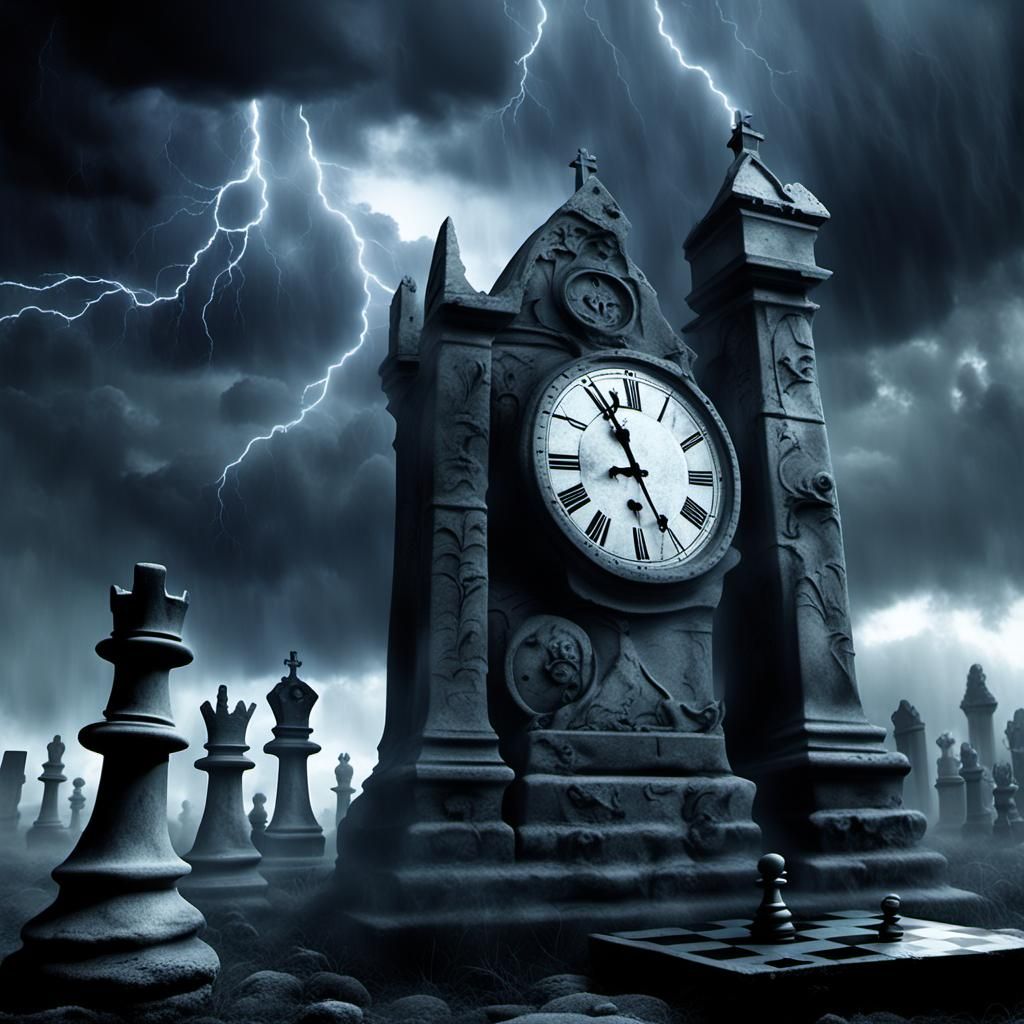 Gothic Surrealism: Clock Tower Over Graveyard Chess