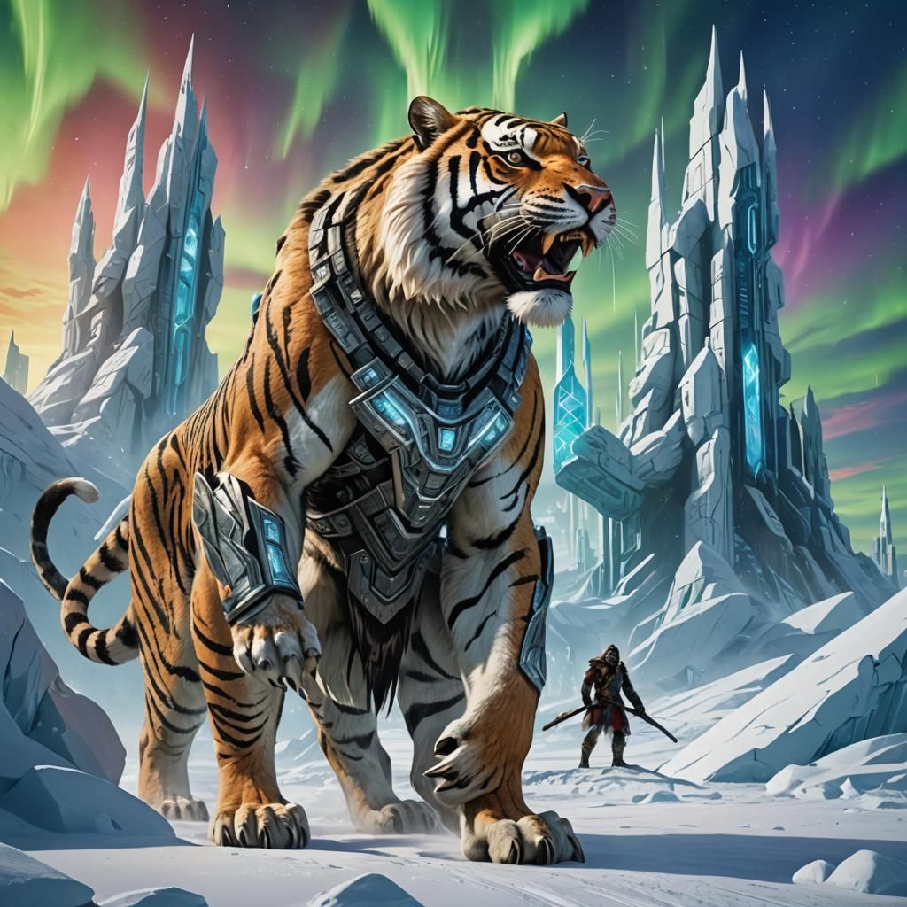 Futuristic Tribal Warrior Riding a Saber-Tooth Tiger