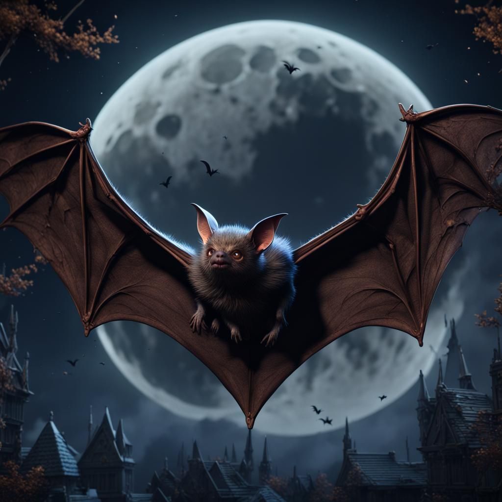 Detailed Bat Silhouetted Against Moonlit Sky