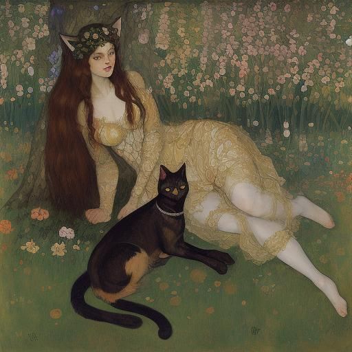 Fairies and Cats in Art Nouveau Style