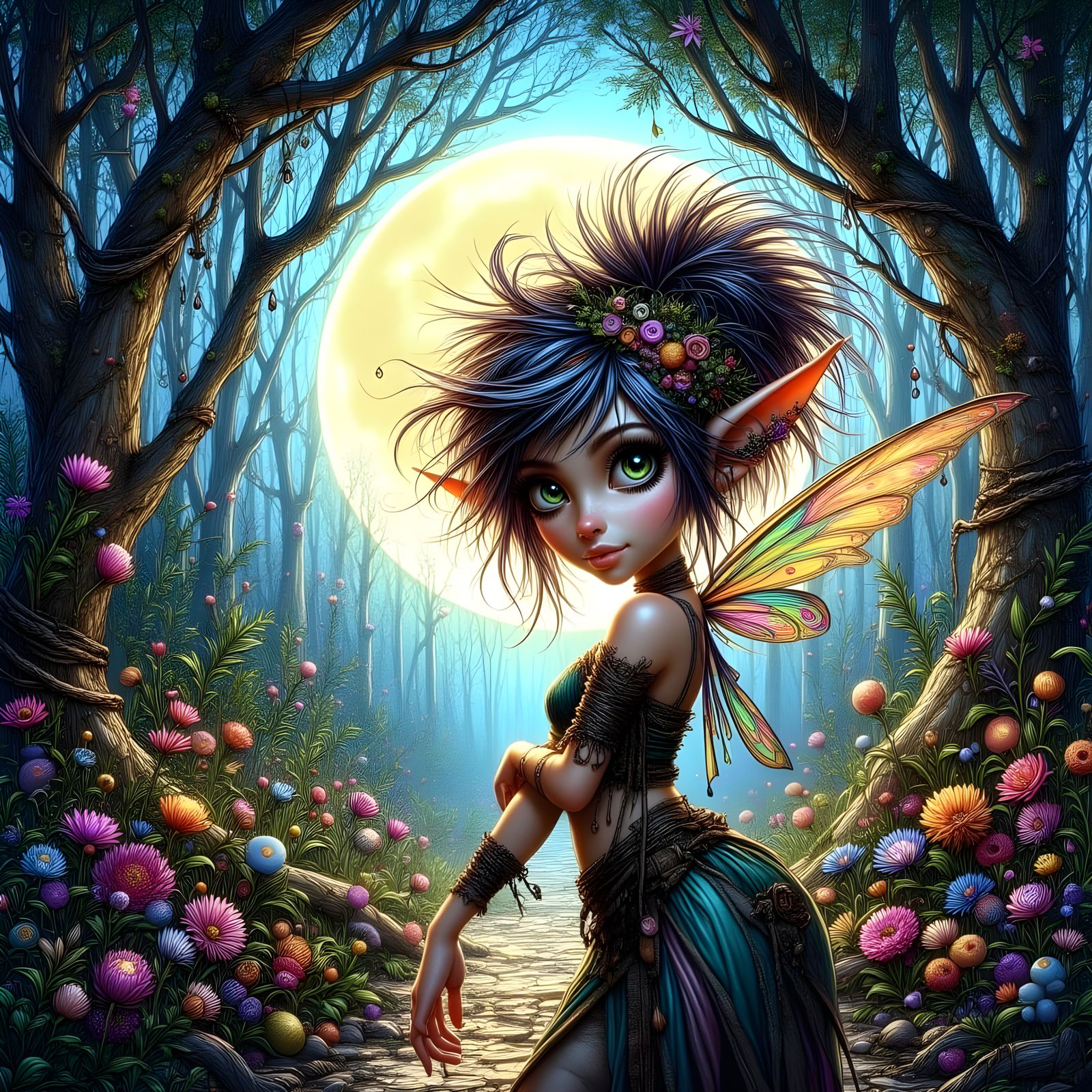 Enchanted Forest at Full Moon in Cyberpunk Style