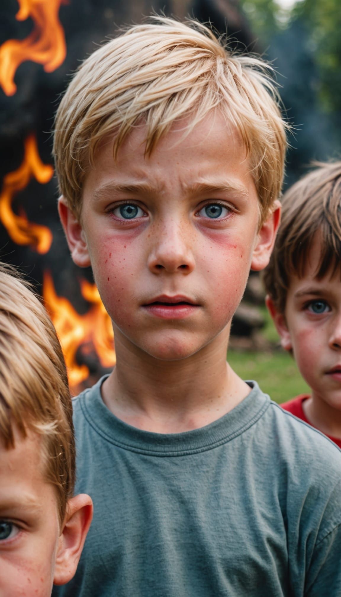 Scary Blond Boy with Fiery Red Eyes Watches Children Play