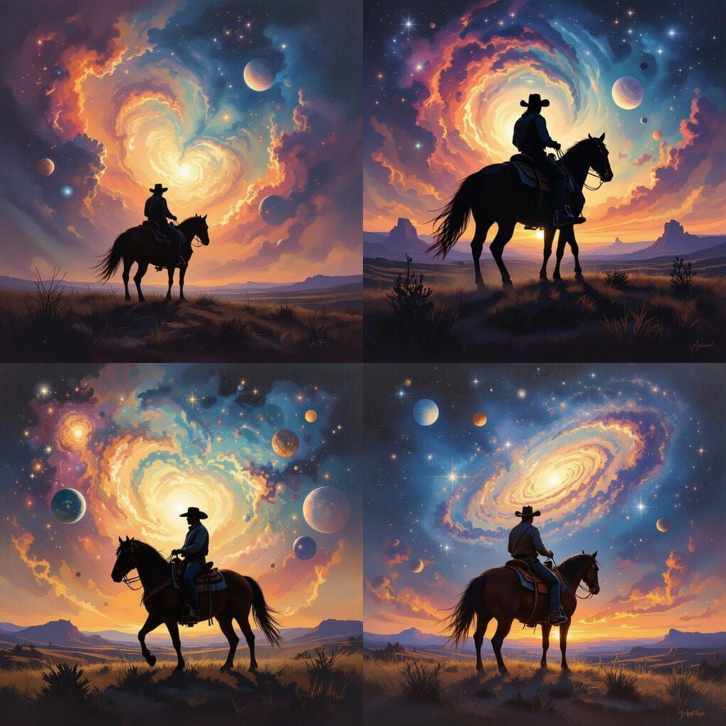 Cowboy Riding Horse Silhouette Into Galaxy, Oil Painting
