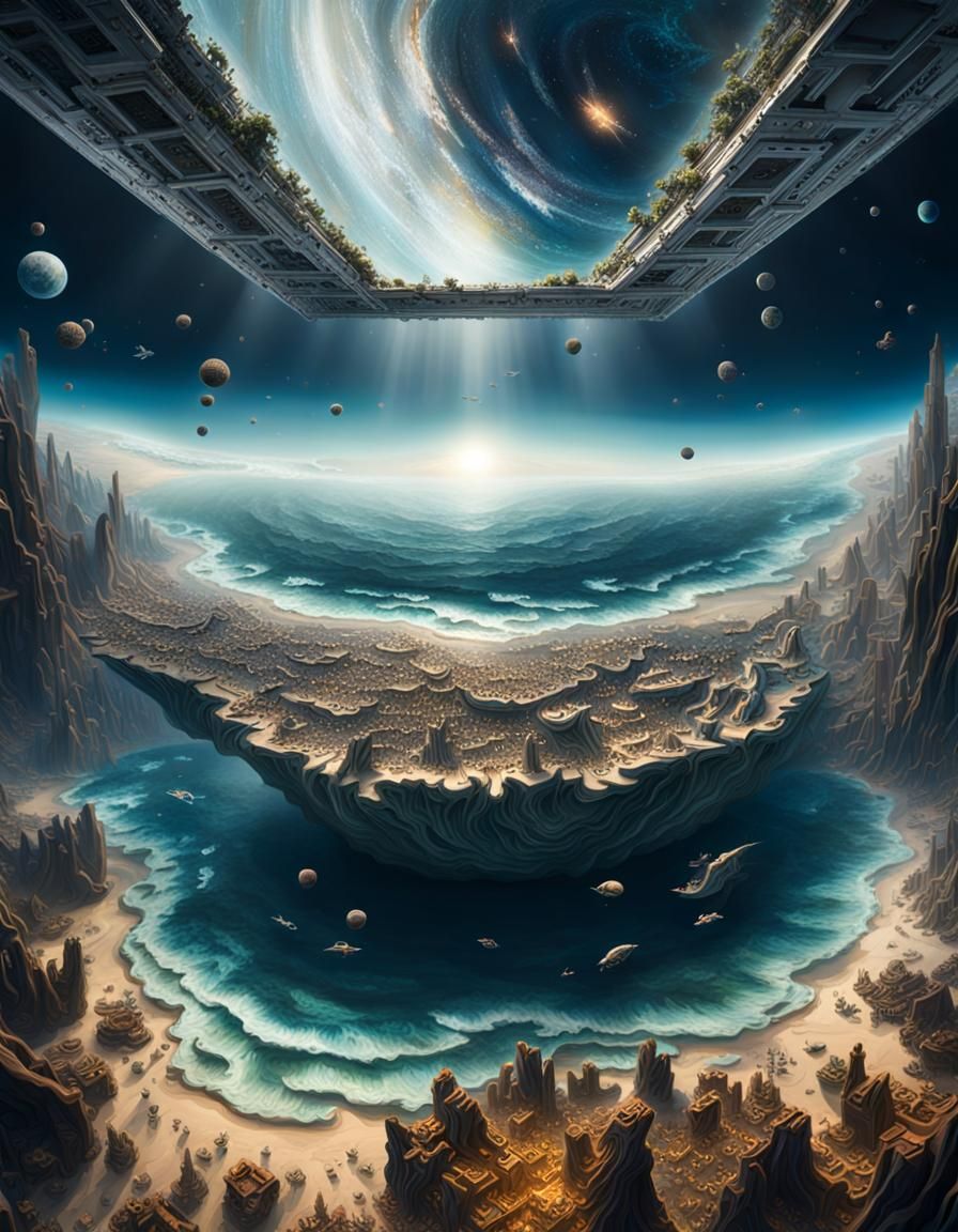 Surreal Maximalist Scene: Space Floor, Ocean Ceiling