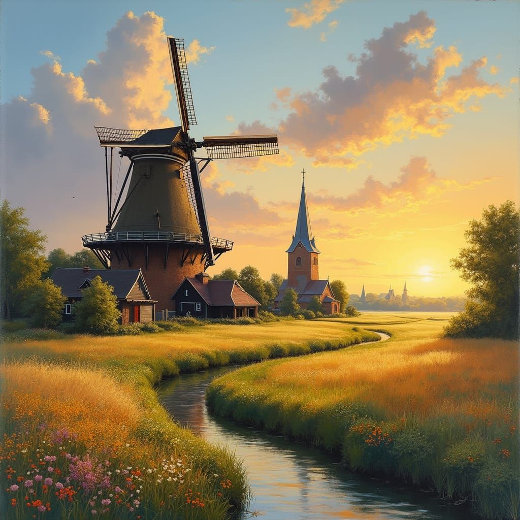 Dutch Landscape Painting of a Flourishing Mill