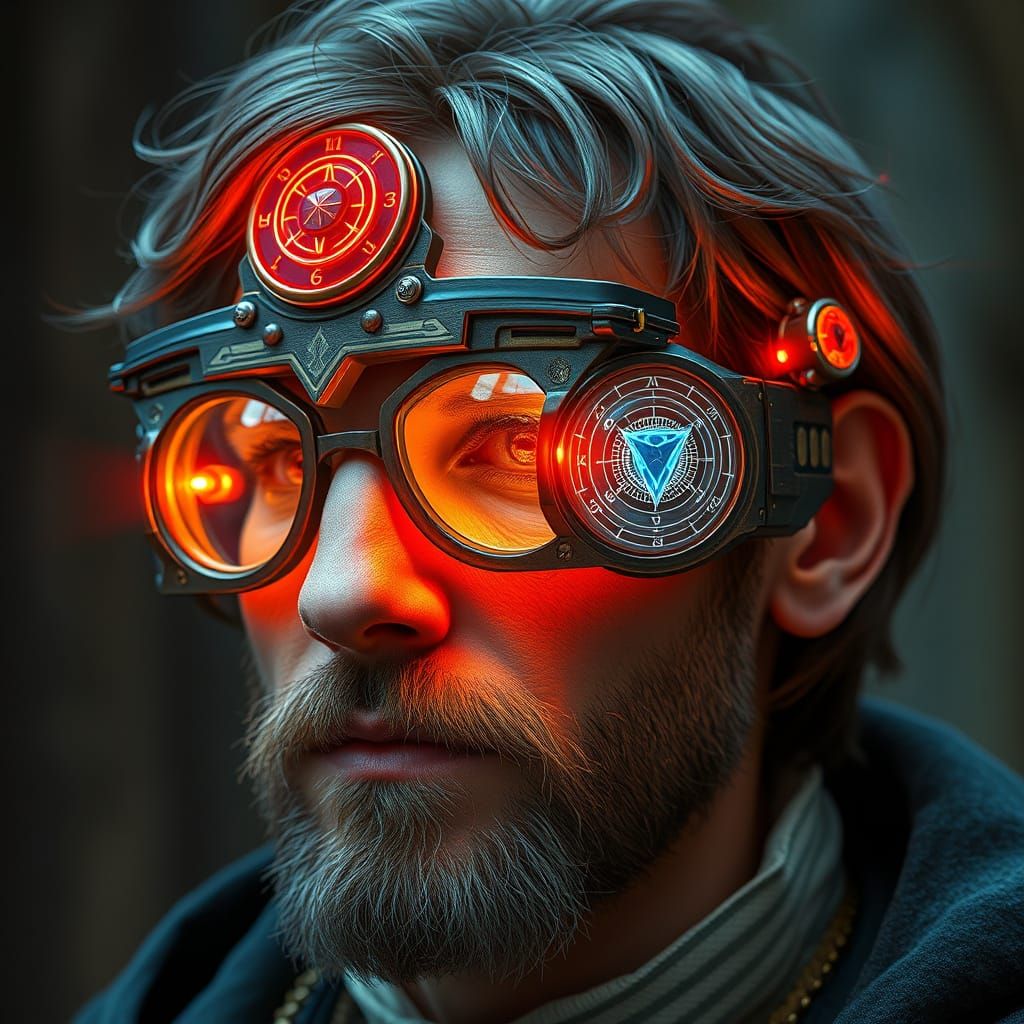 Scholar with Runed HUD Lenses in Cyberpunk Style