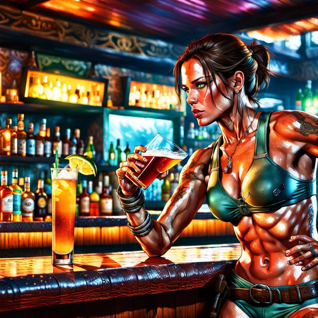 Lara Croft at a Bar, Hyperrealistic Splash Art