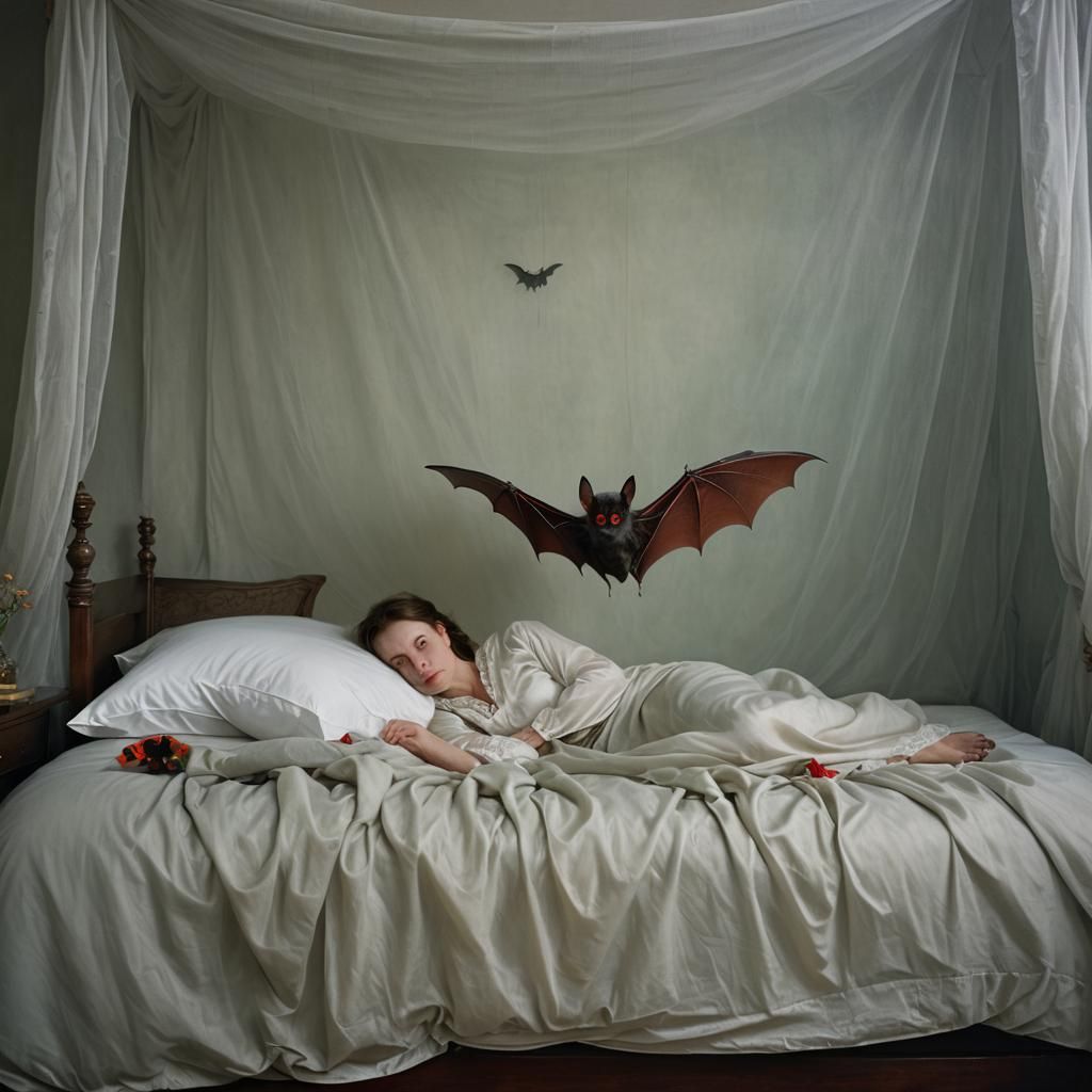 Red-Eyed Bat in Foggy Haze Over Sleeping Woman