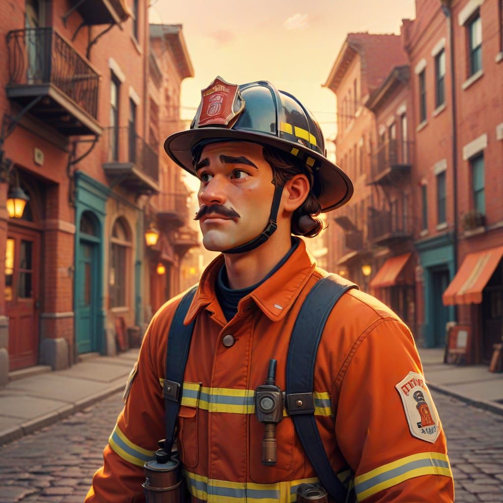 Retro Cartoon Firefighter in Old City Street