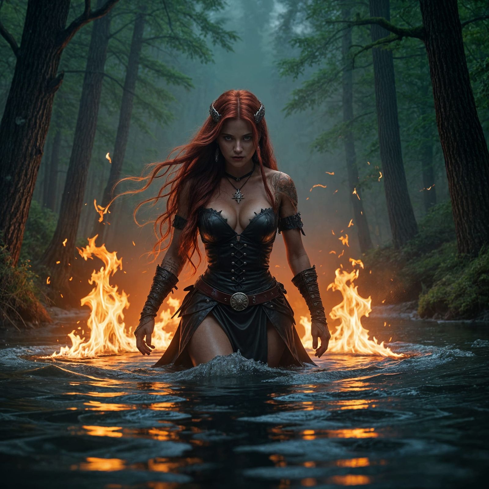Viking Woman Rises From Fiery Lake in Forest