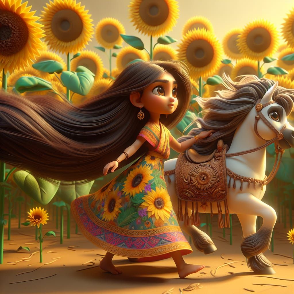 Disney Pixar style 3D of a cute beautiful girl, long hair flowing in the wind, walking with her little pony, wearing a s...