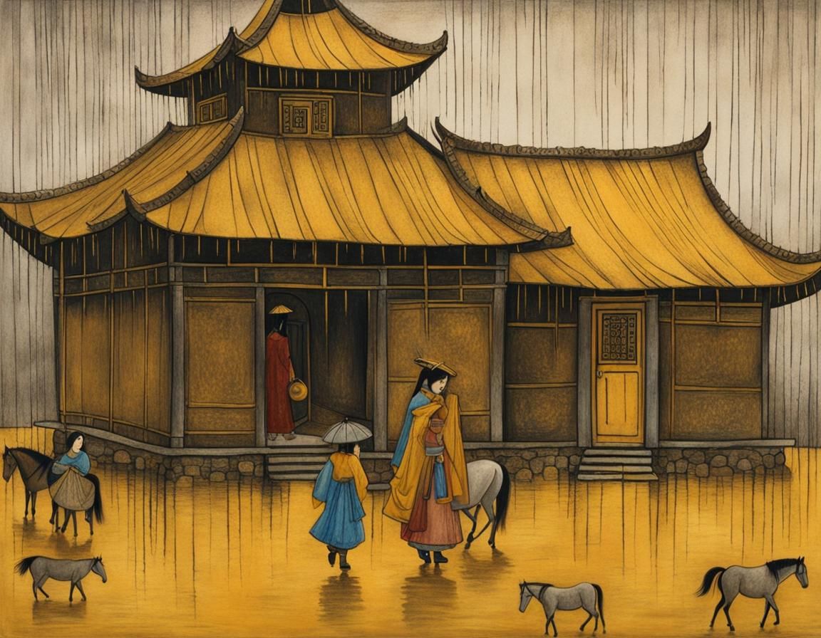 Mongolian woman walking in the rain #2