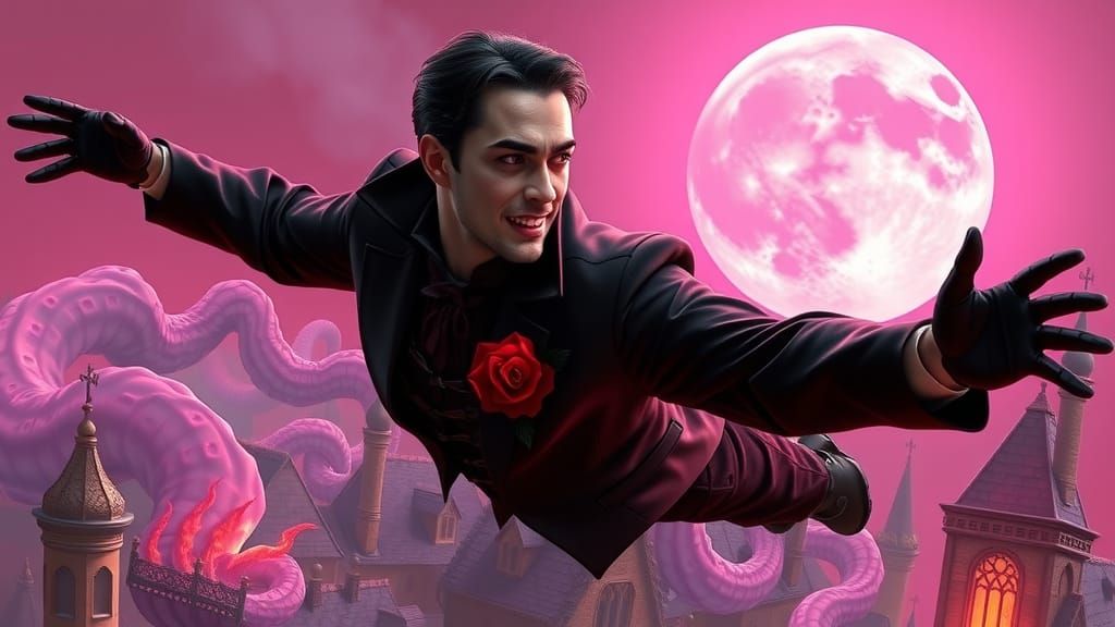 Vampire Over Pink City: Gothic Horror Digital Art