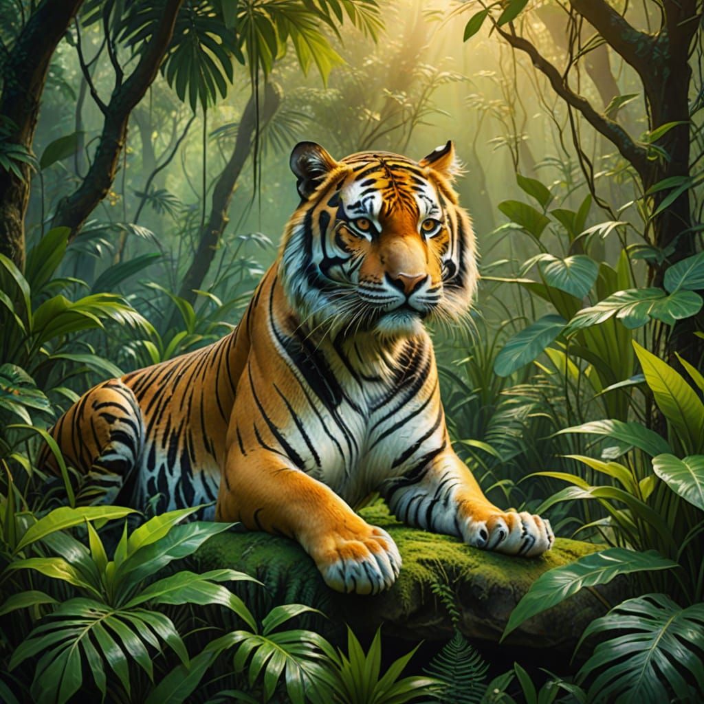 Tiger in a Misty Jungle: Surreal Oil Painting
