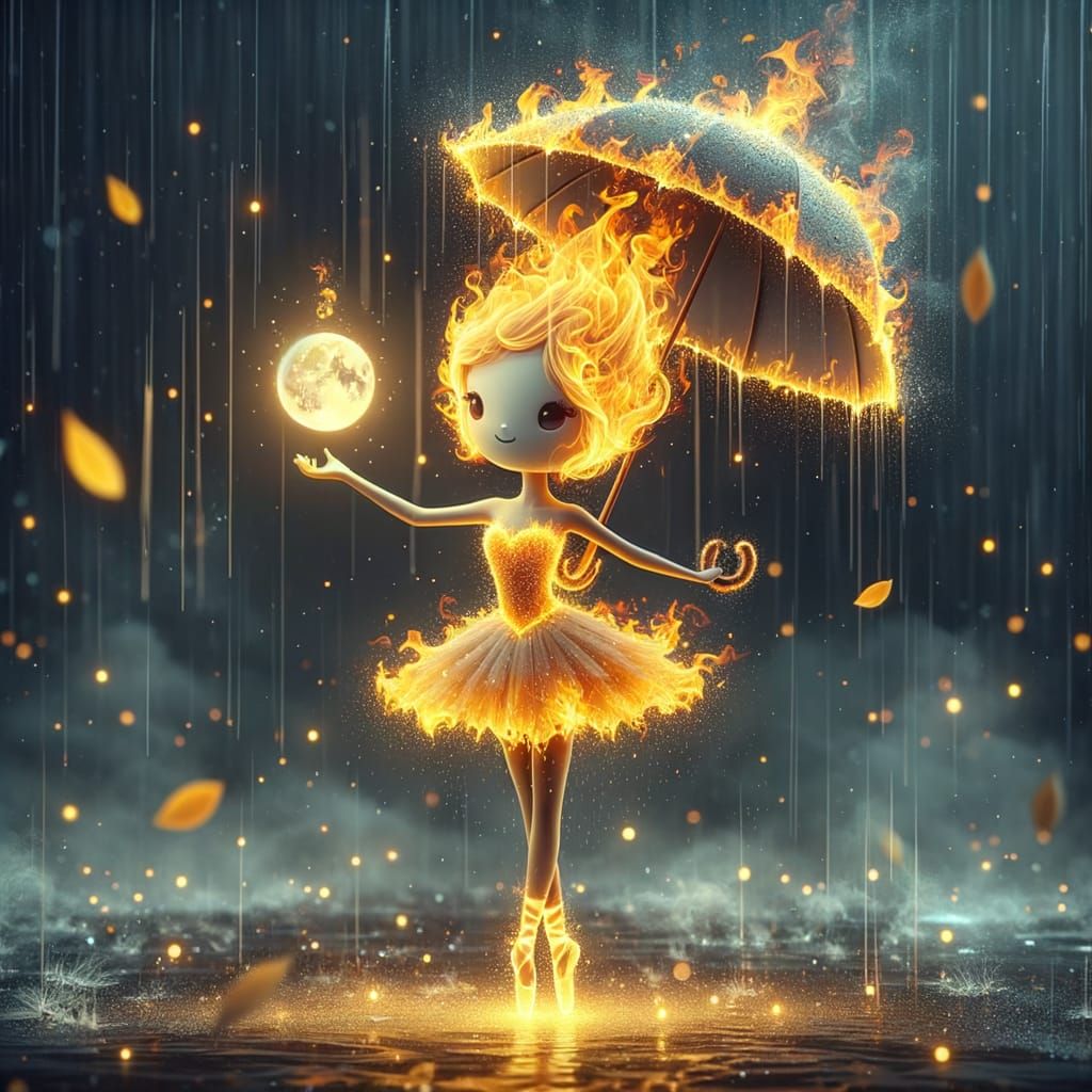Flaming Ballerina Holding the Moon in Rainy Night