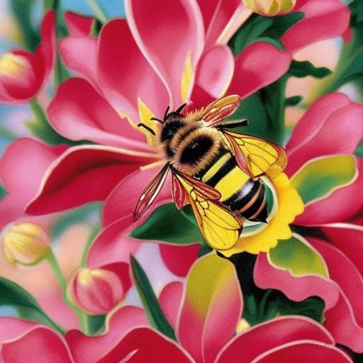 Bee on Flower: Enamel and Gouache Flemish Baroque Style