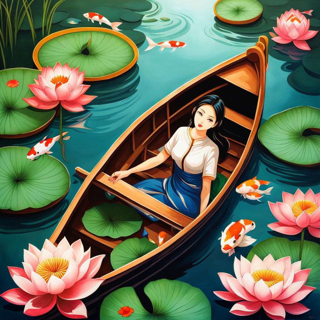 Boat View with Koi Fish and Lotus, Painting