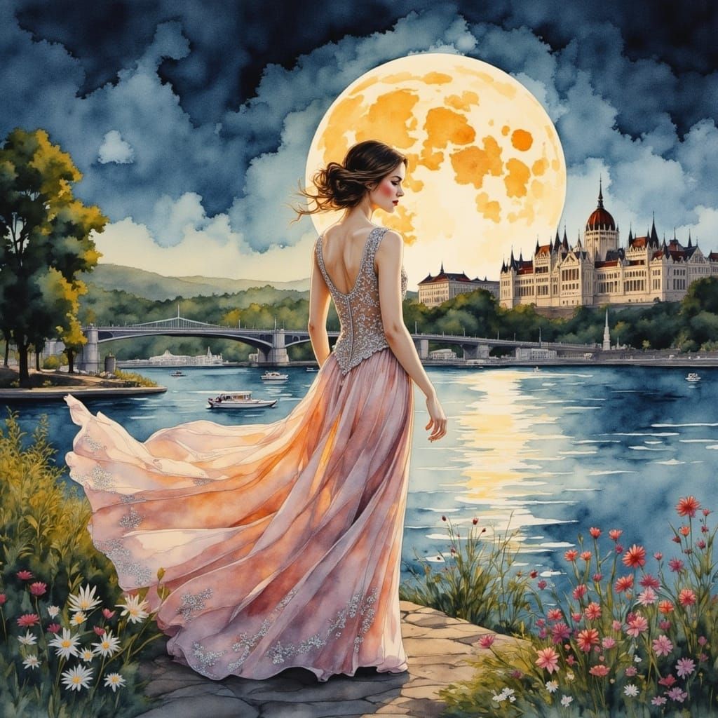 Ethereal Budapest Summer Scene in Watercolor