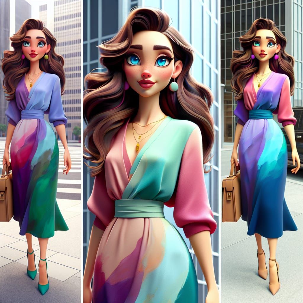 Disney Pixar style 3D beautiful gorgeous woman, long wavy hair, expressive eyes, wearing a dress in colors jade, violet,...