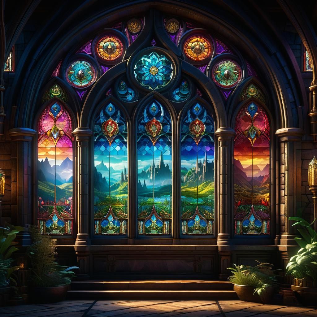 Fantasy World Through Stained Glass: Detailed Matte Painting
