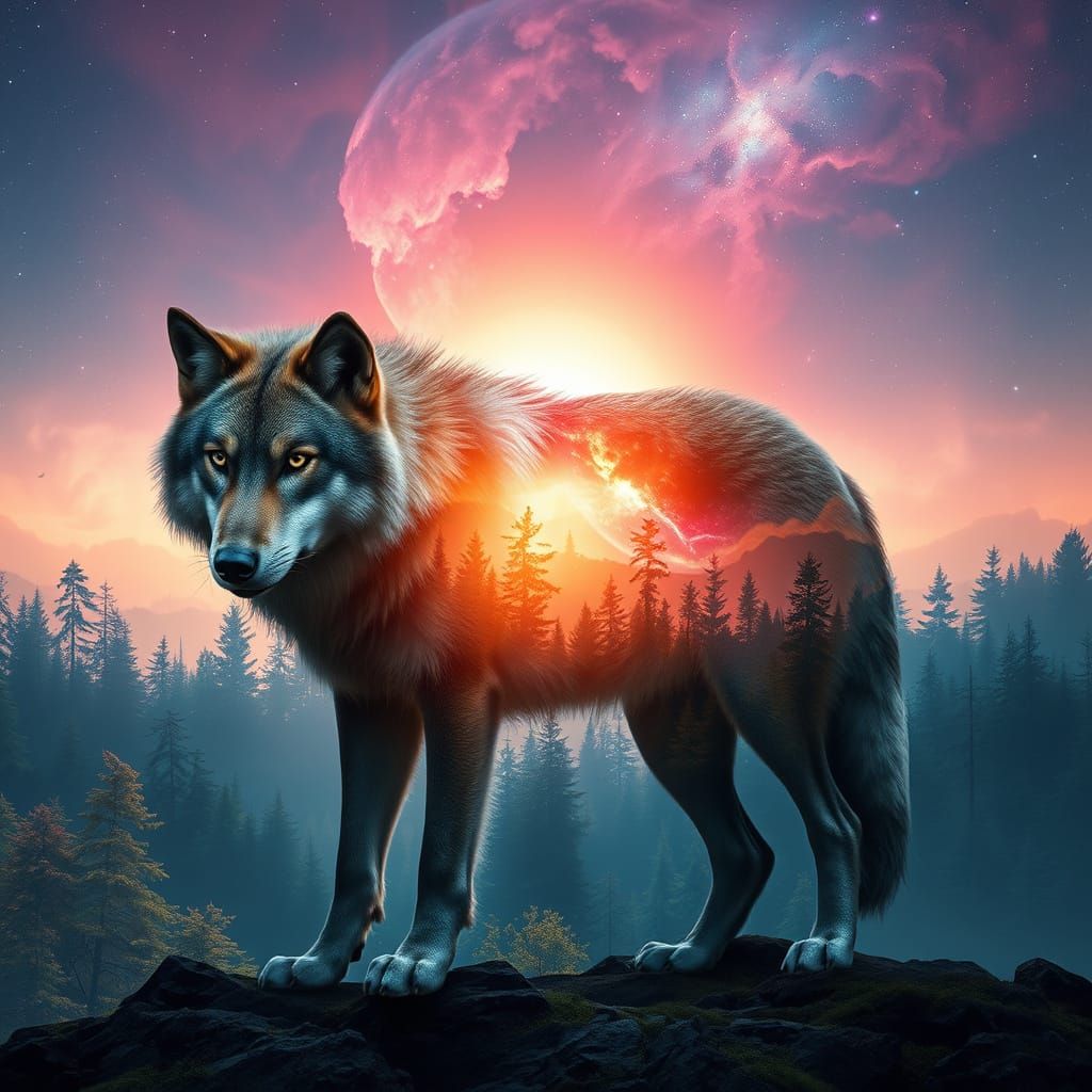 Majestic Hyperrealistic Wolf in Ethereal Forest Landscape