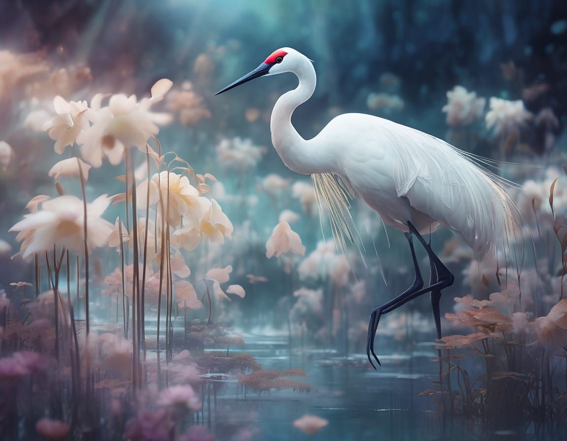 Ethereal Crane and Bioluminescent Flowers in Digital Art