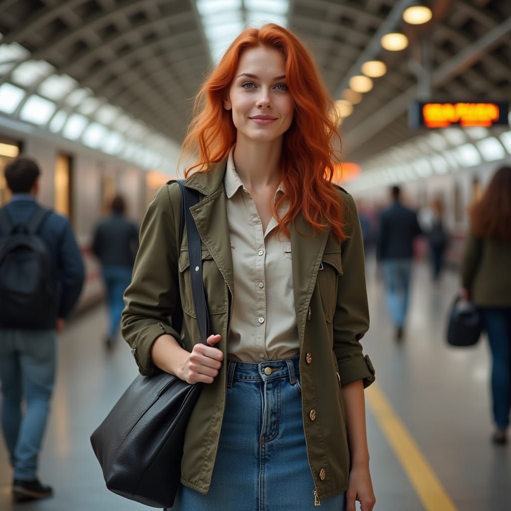 Red Haired Woman in Busy Railway Station