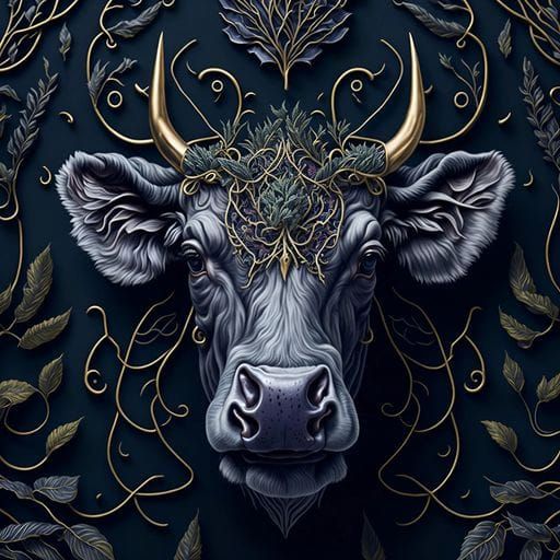 Botanical Steampunk Cow Face in William Morris Style
