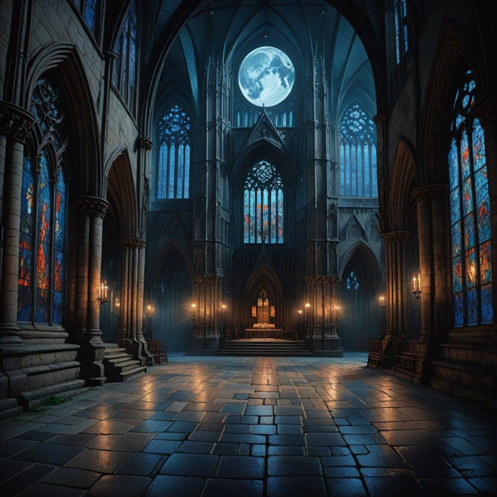 Night Cathedral in Gothic Oil Painting Style