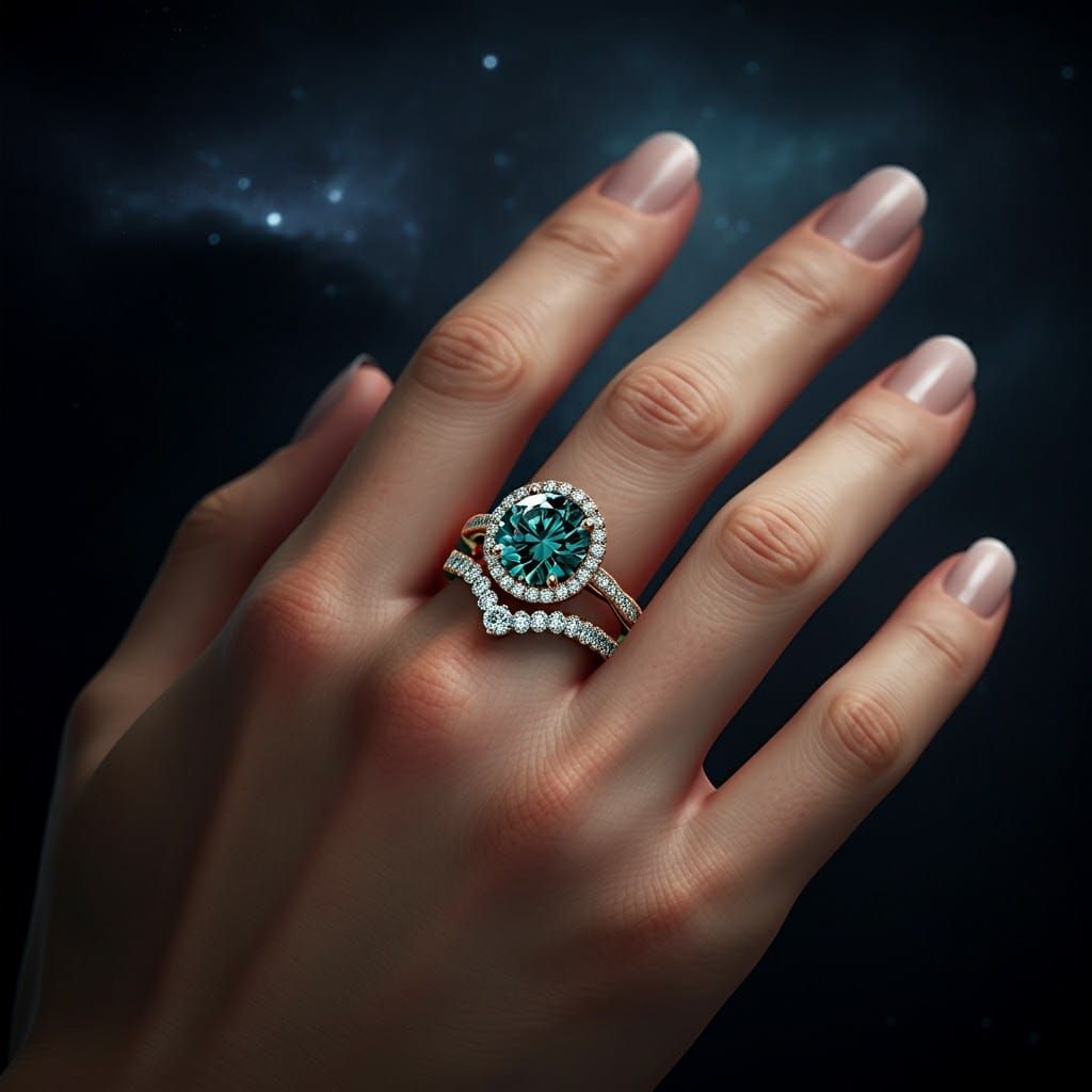 Teal Moissanite Engagement Ring Set: Vintage Halo Design