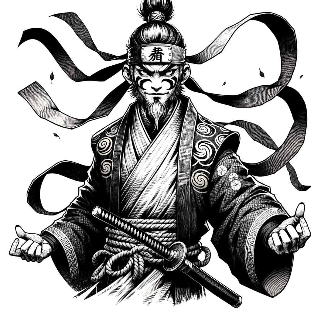 Sarutobi Clan Ninja with Monkey Motifs in Traditional Ink St...