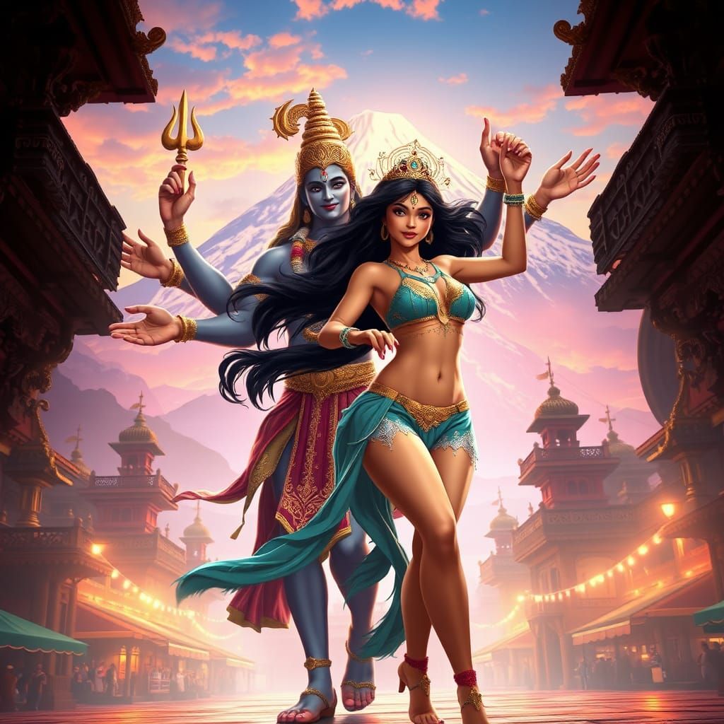 Vishnu and Indian Woman Dance at Mount Meru in 3D Anime Styl...