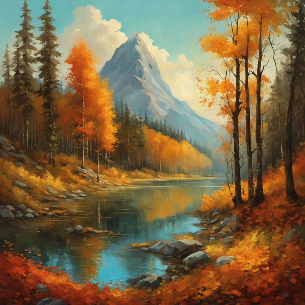 Autumn Forest Lake: Impressionistic Digital Illustration