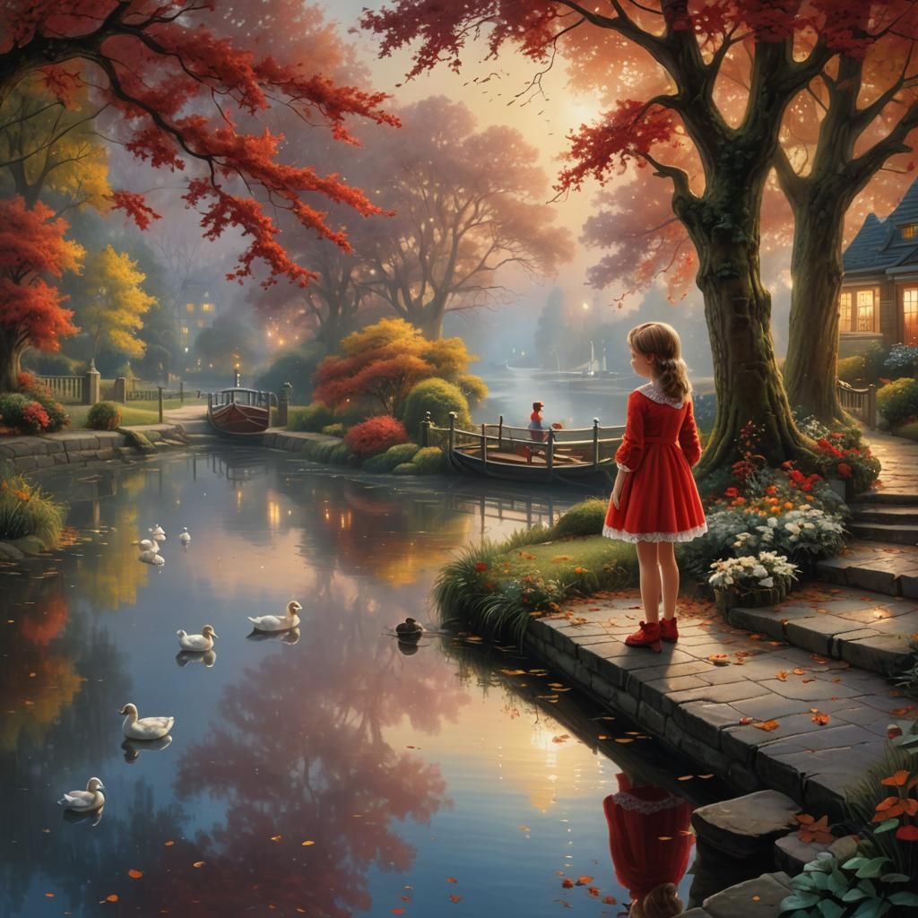 Autumn Oak Reflection: Girl, Ducks, Riverside Steps