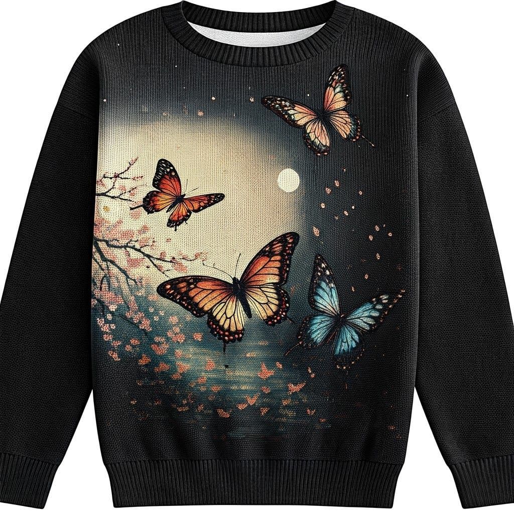 Ethereal Anime Butterflies Adorn Elegant Black Sweater in Wh...