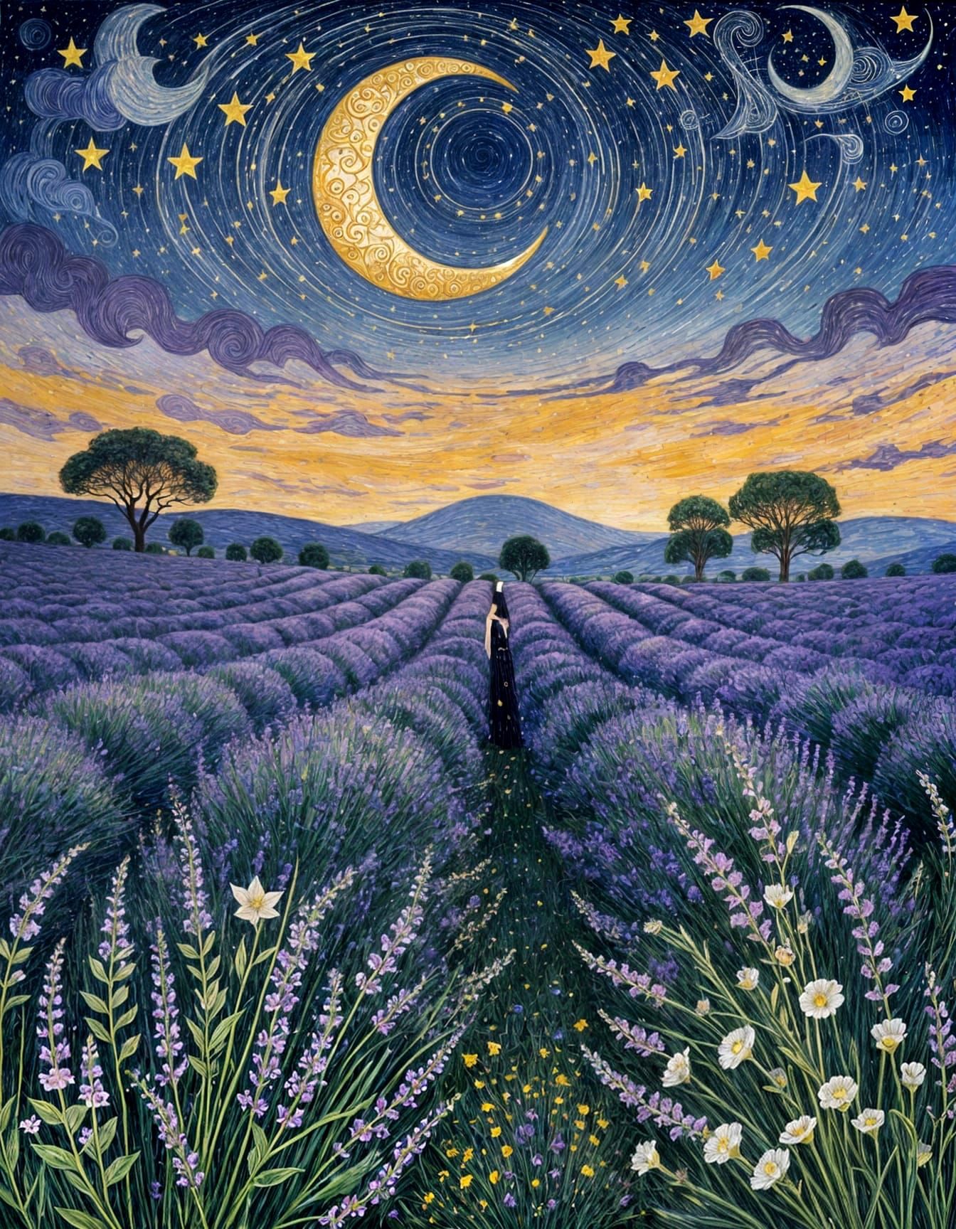 Glorious Crescent Moon Over Lavender Fields in Expressive Ar...
