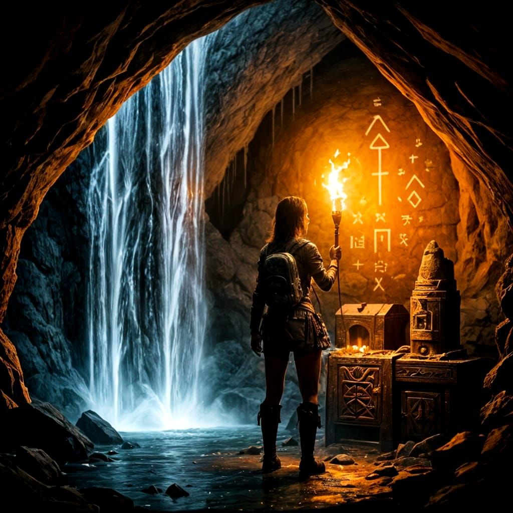 Adventurer in Cavern with Ancient Treasure