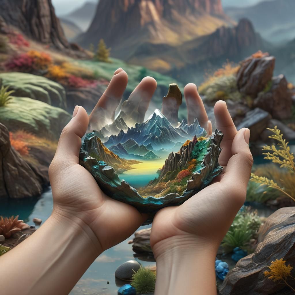 Miniature Landscape Held in Hands: Hyper-Realistic Concept A...