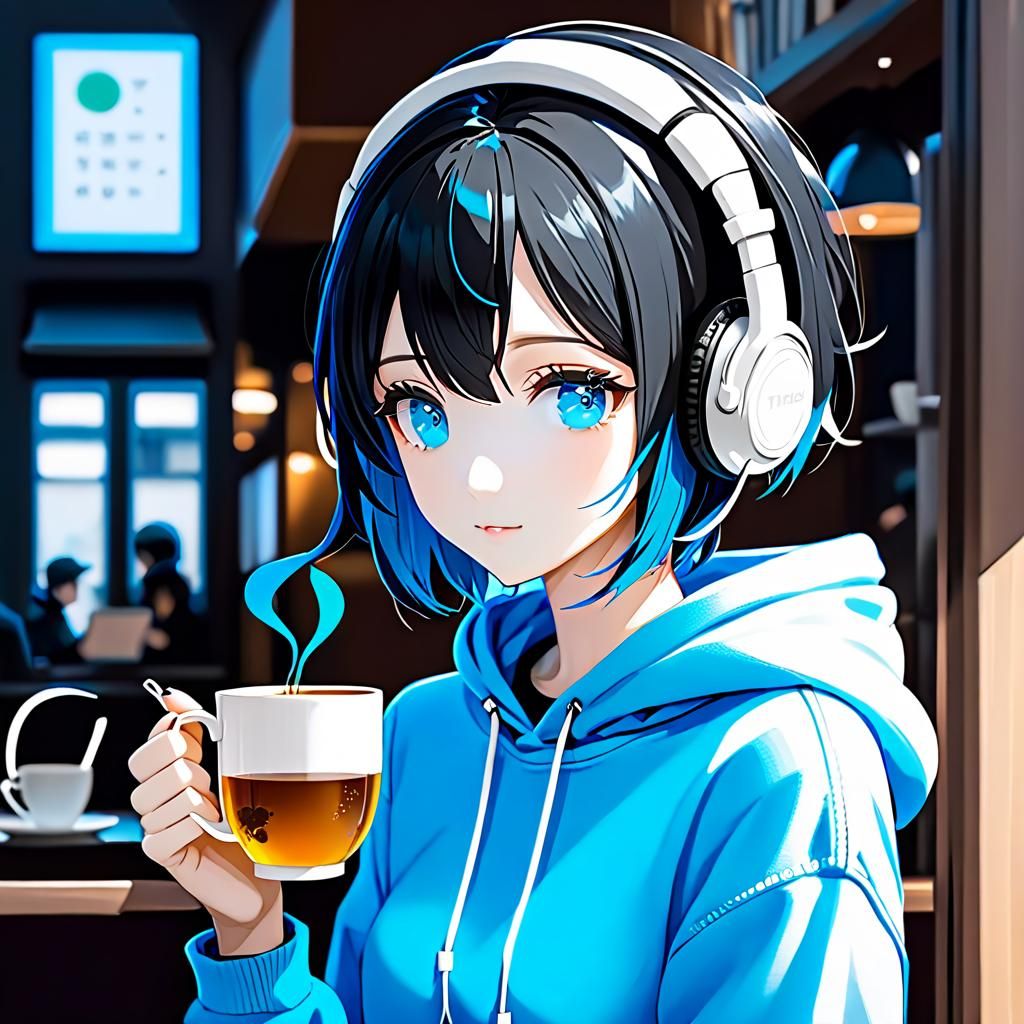 Anime Girl Enjoying Tea Time in Blue Hoodie