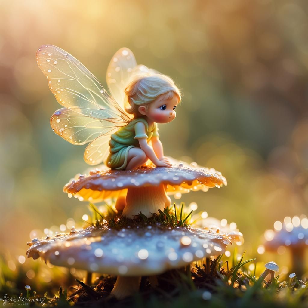 Dewy Mushroom Fairy in Dreamy Macro Photography