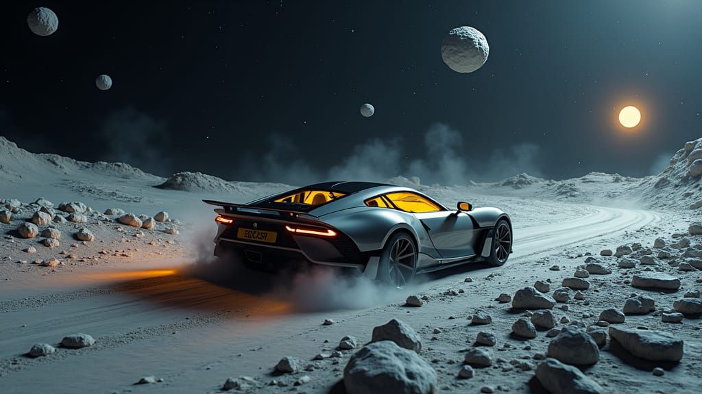 Car Drives on Asteroid Field in Space