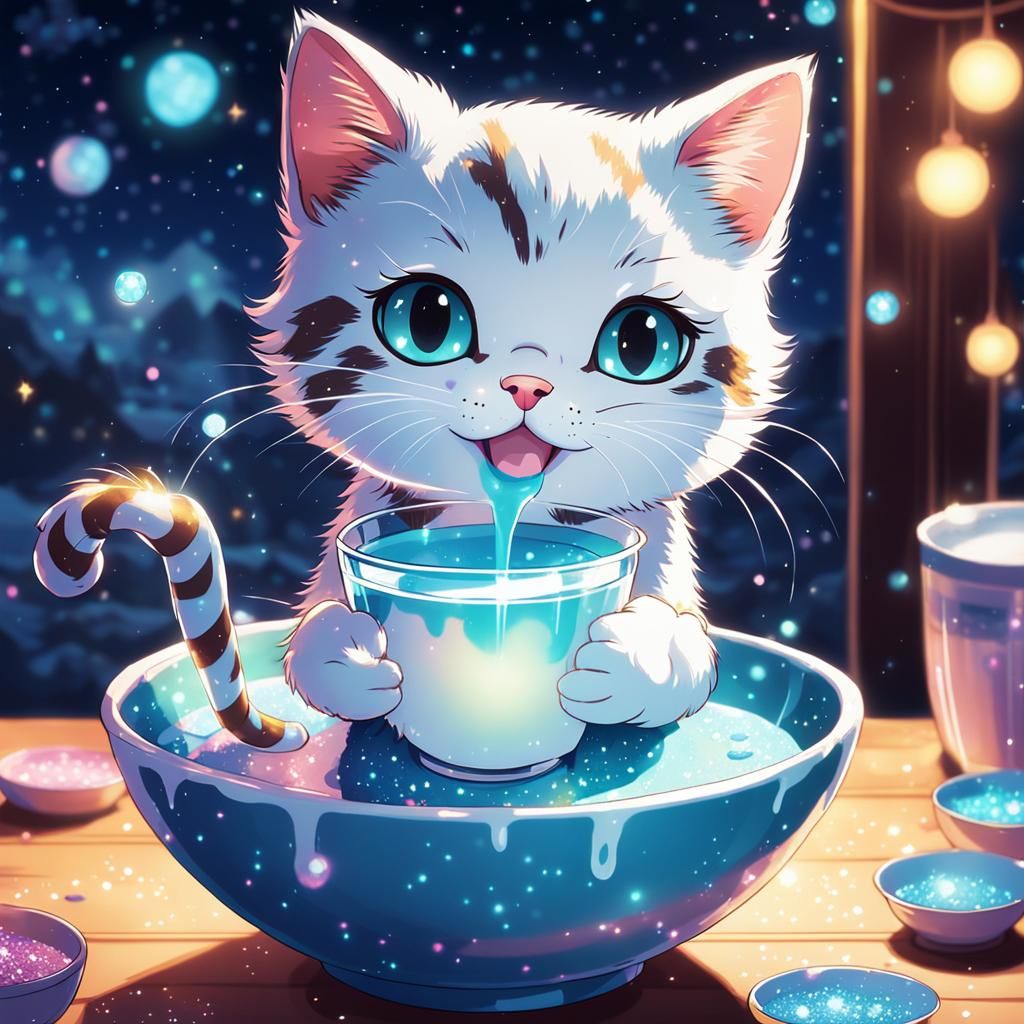 Cute Magical Cat Drinking Milk in Anime Style
