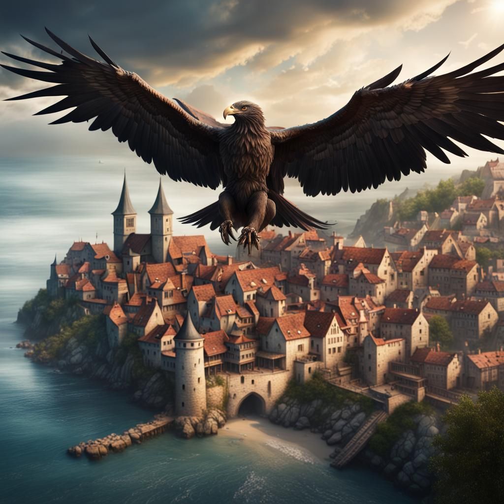 Giant Eagle Over Seaside Medieval Town