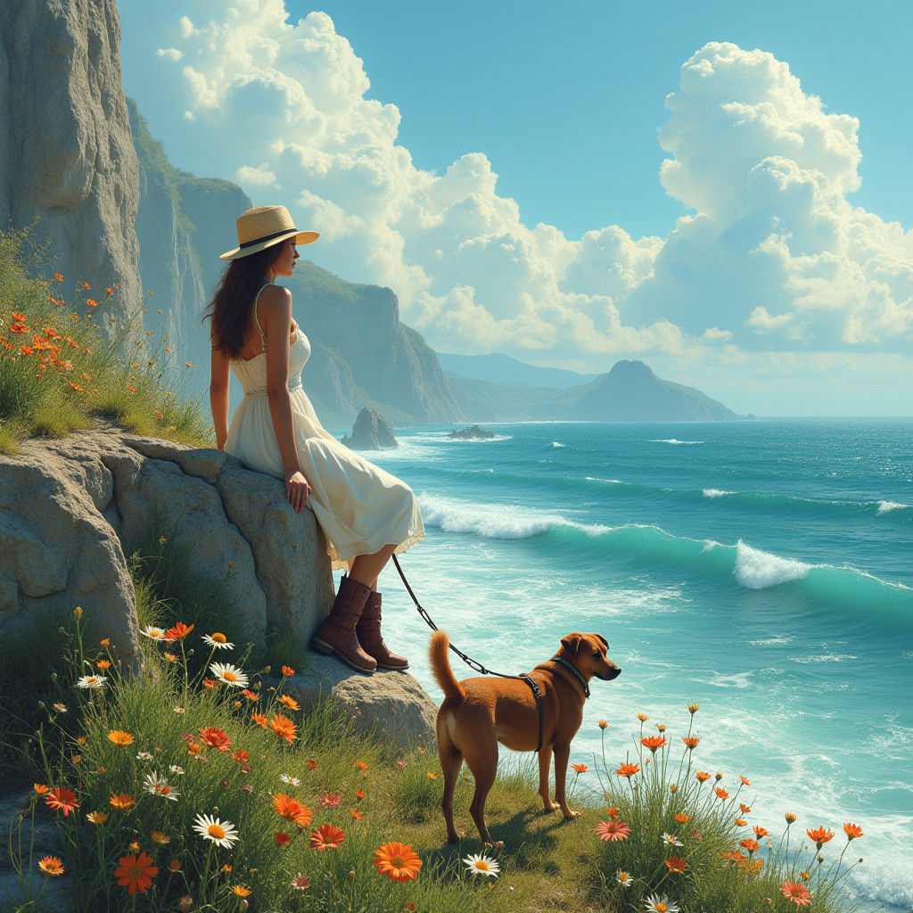 Coastal Landscape with Woman and Dog in Hyperrealism