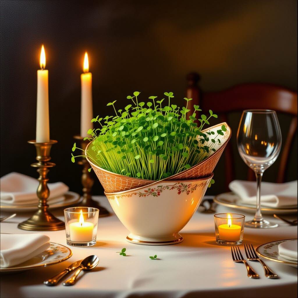 Lush Cress Cone on Romantic Candlelit Dinner Table